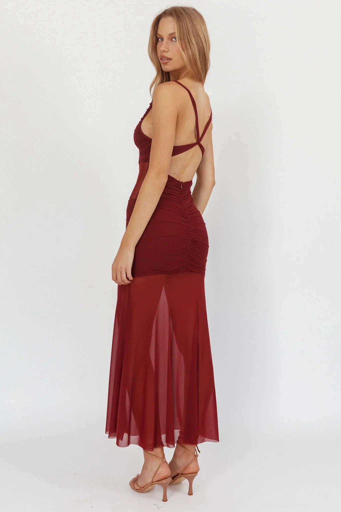 Sade Sheer Panel Ruched Maxi Dress Wine
