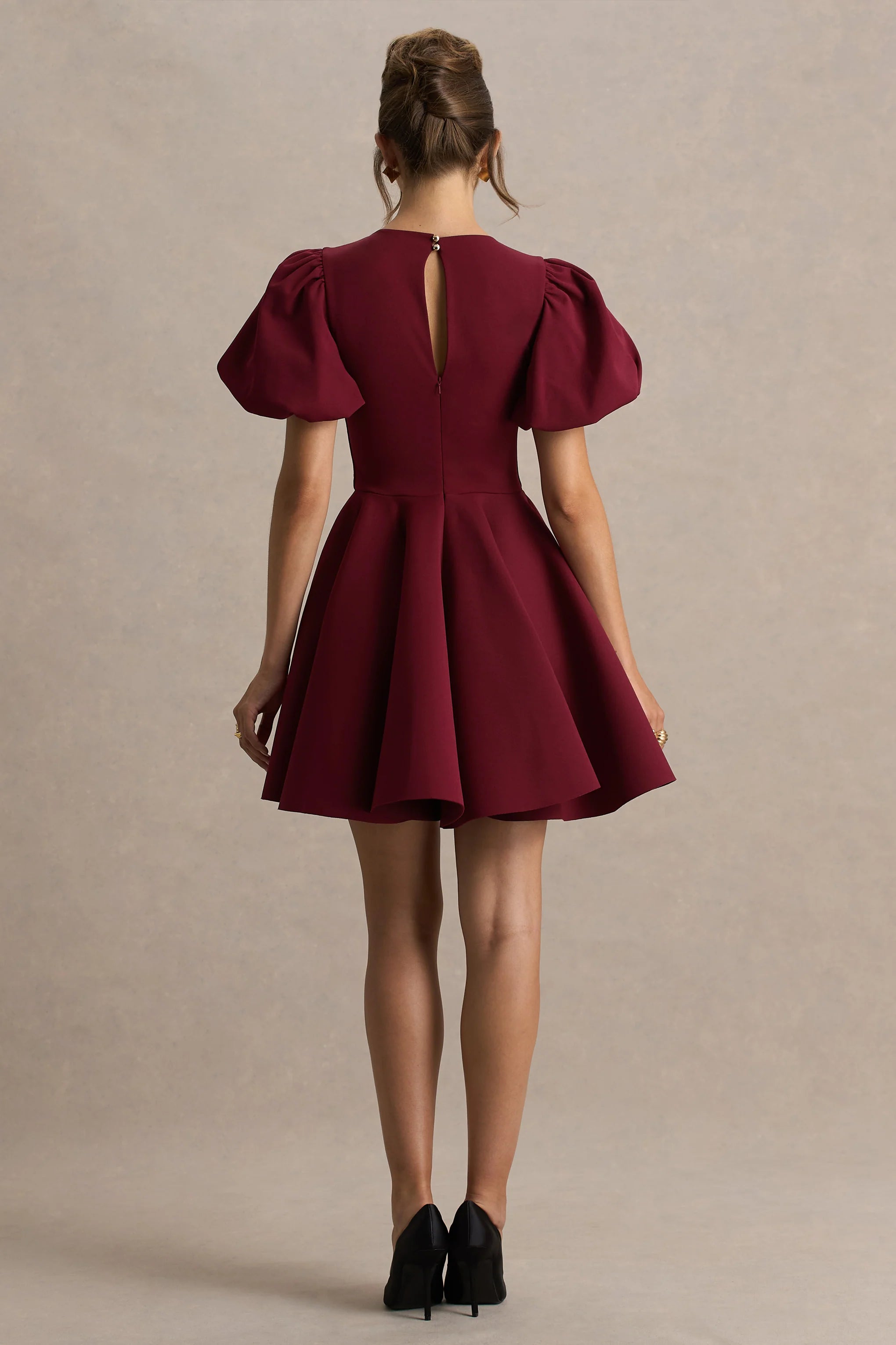 Emelia | Burgundy Puff-Sleeve Skater Mini Dress