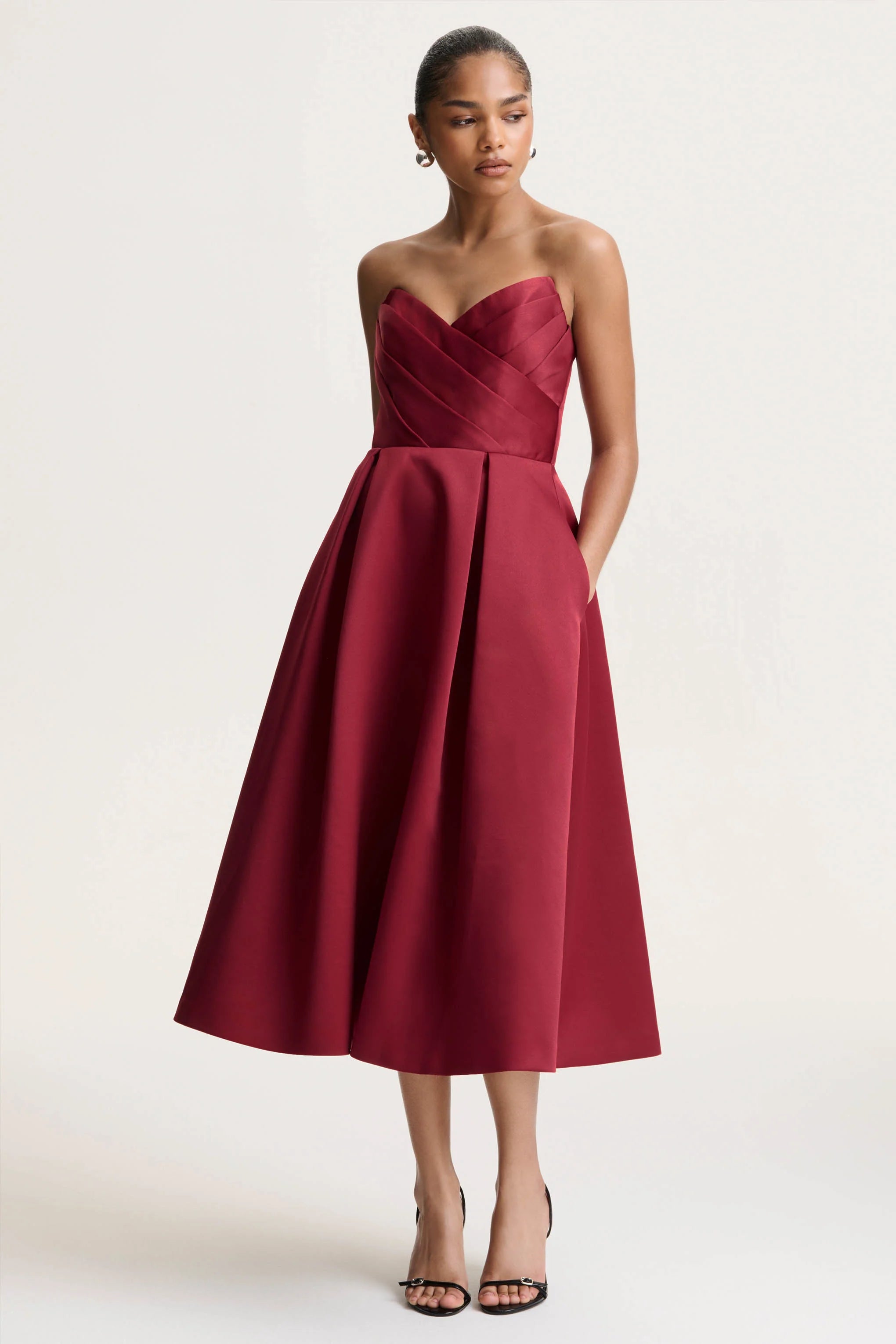 Promises | Red Satin Sweetheart-Neck Midi Dress