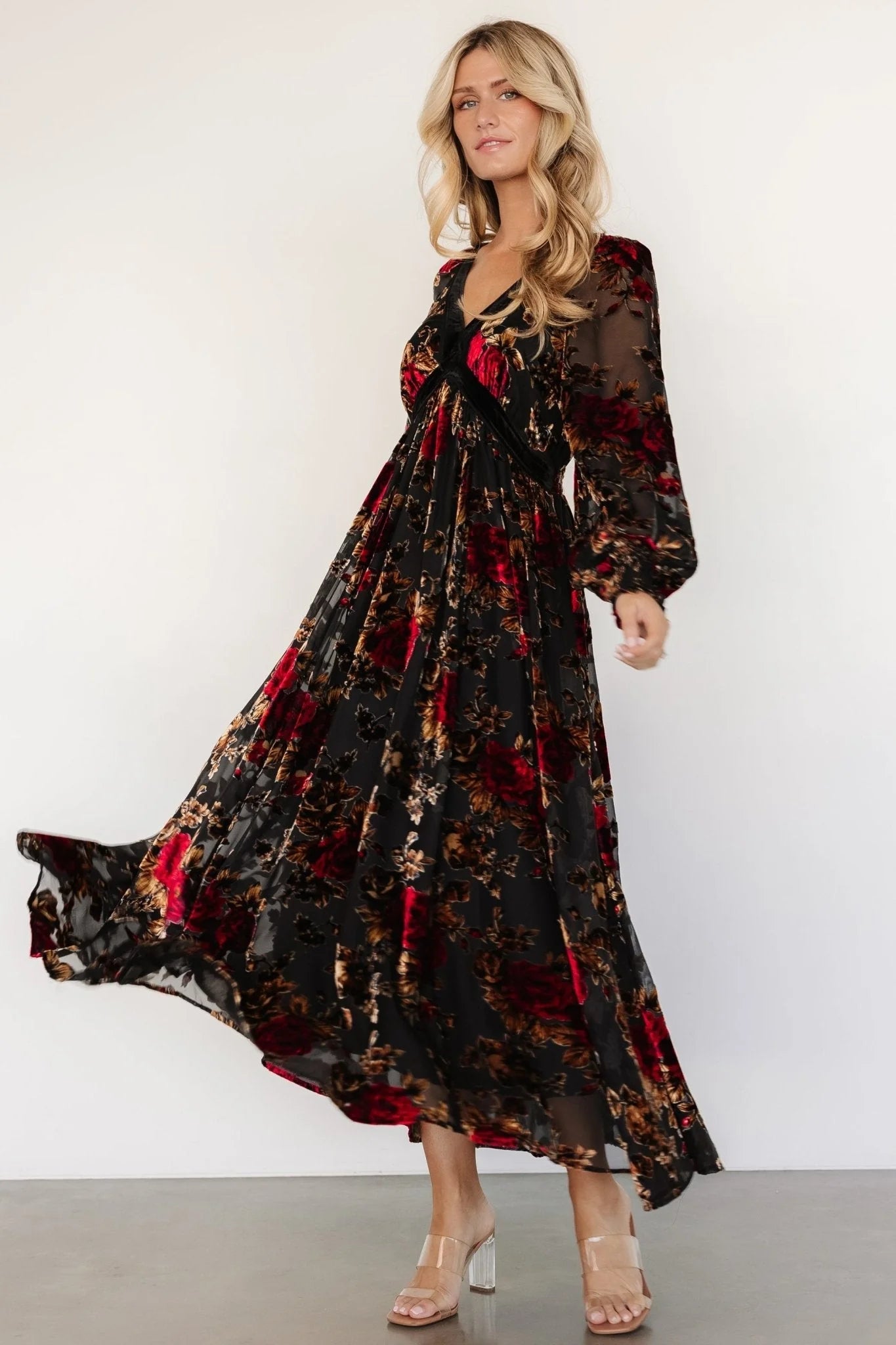 Adele Velvet Dress | Black + Rose Floral
