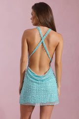 Embellished Cowl-Neck Backless Mini Dress in Aqua Blue
