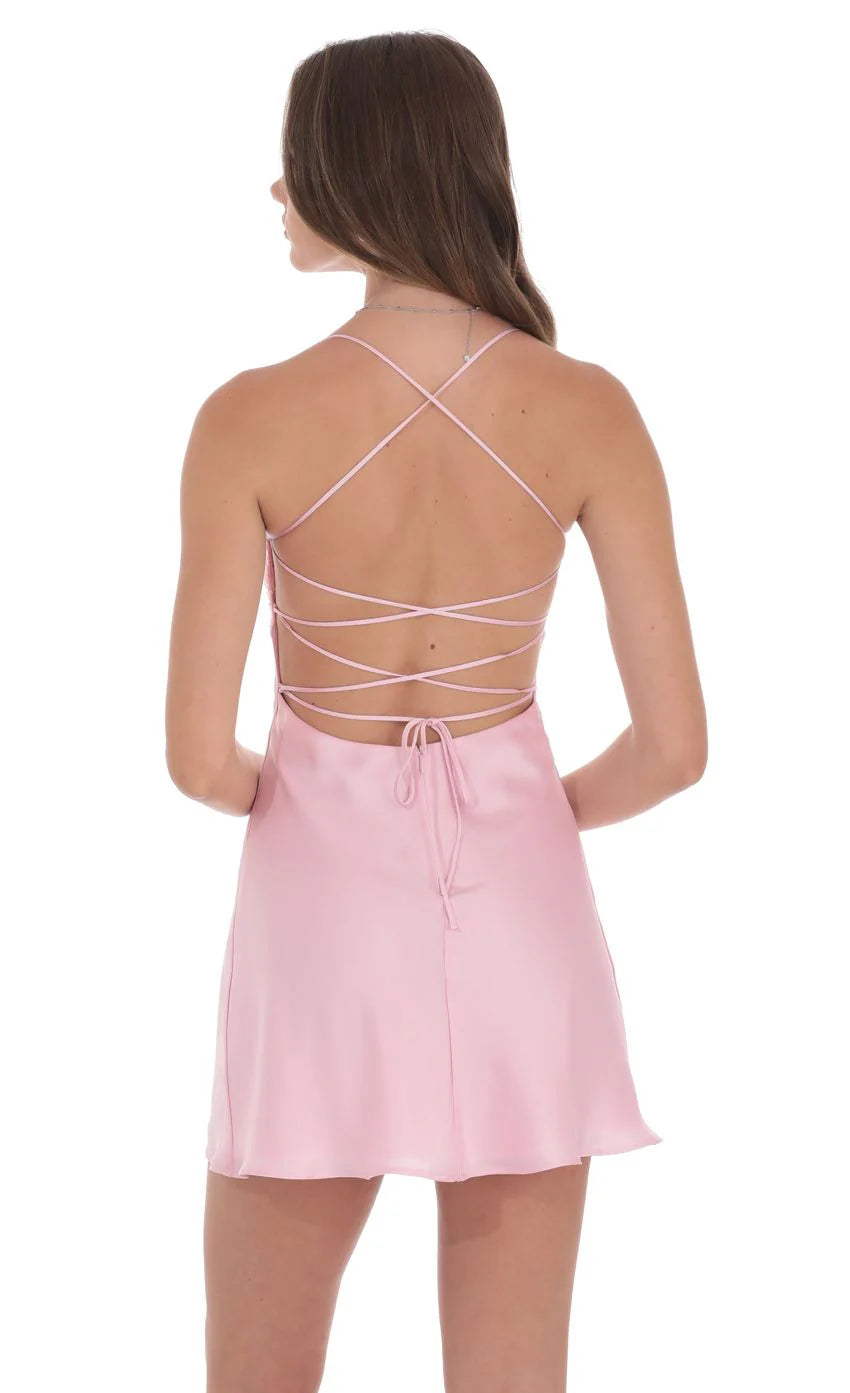 Satin Sequin Bust Dress in Pink