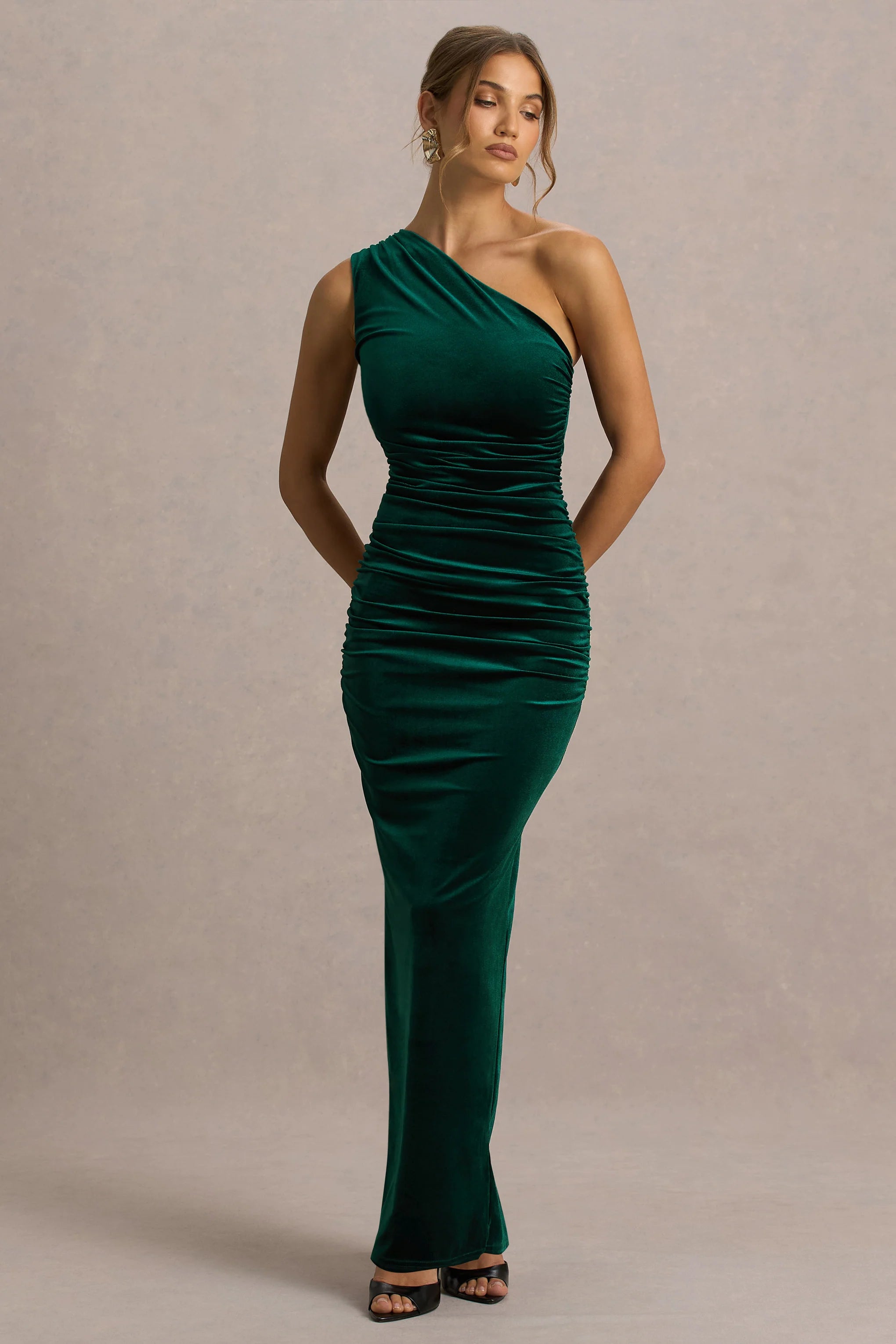 Treat | Bottle Green Velvet Asymmetric-Neck Maxi Dress With Ruched Detailing