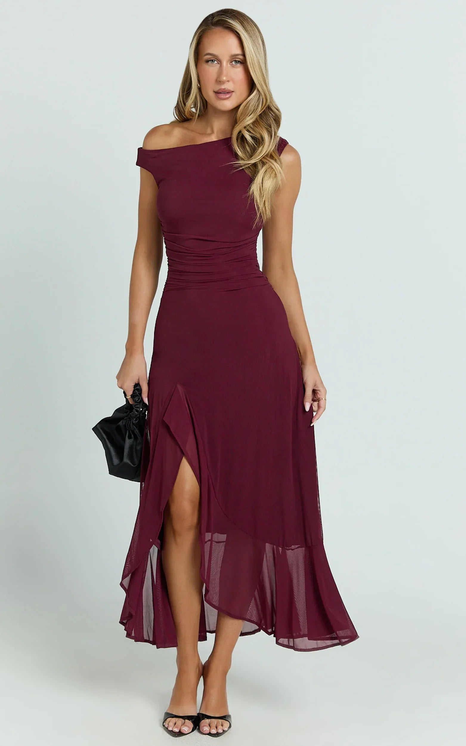 Judee Midi Dress One Shoulder High Side Split Dress in Wine