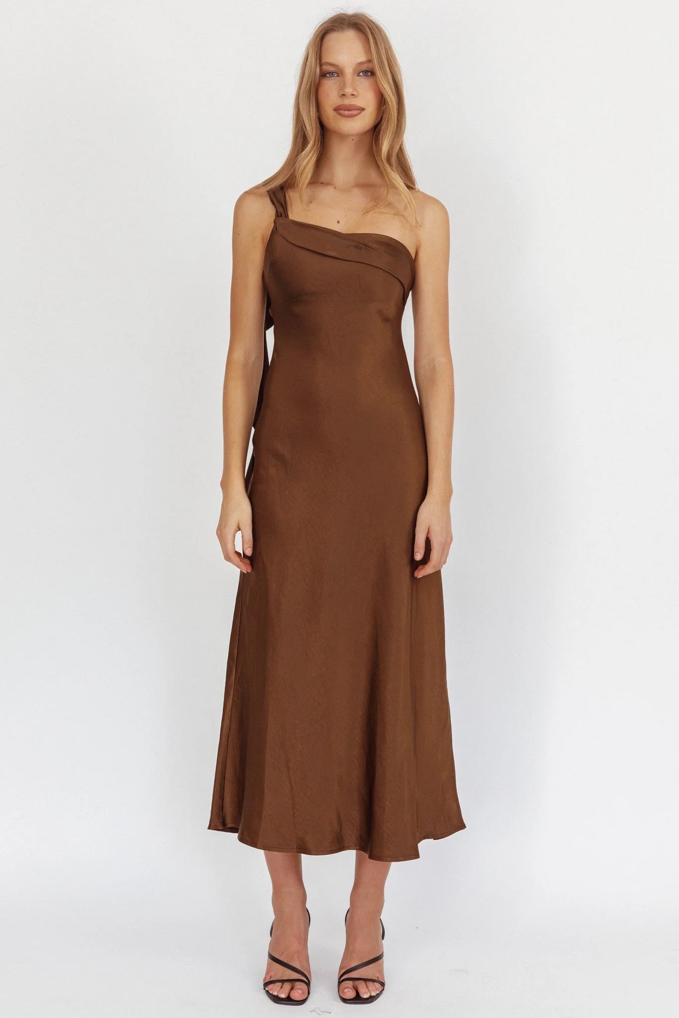Carmel One-Shoulder Sash Maxi Dress Chocolate