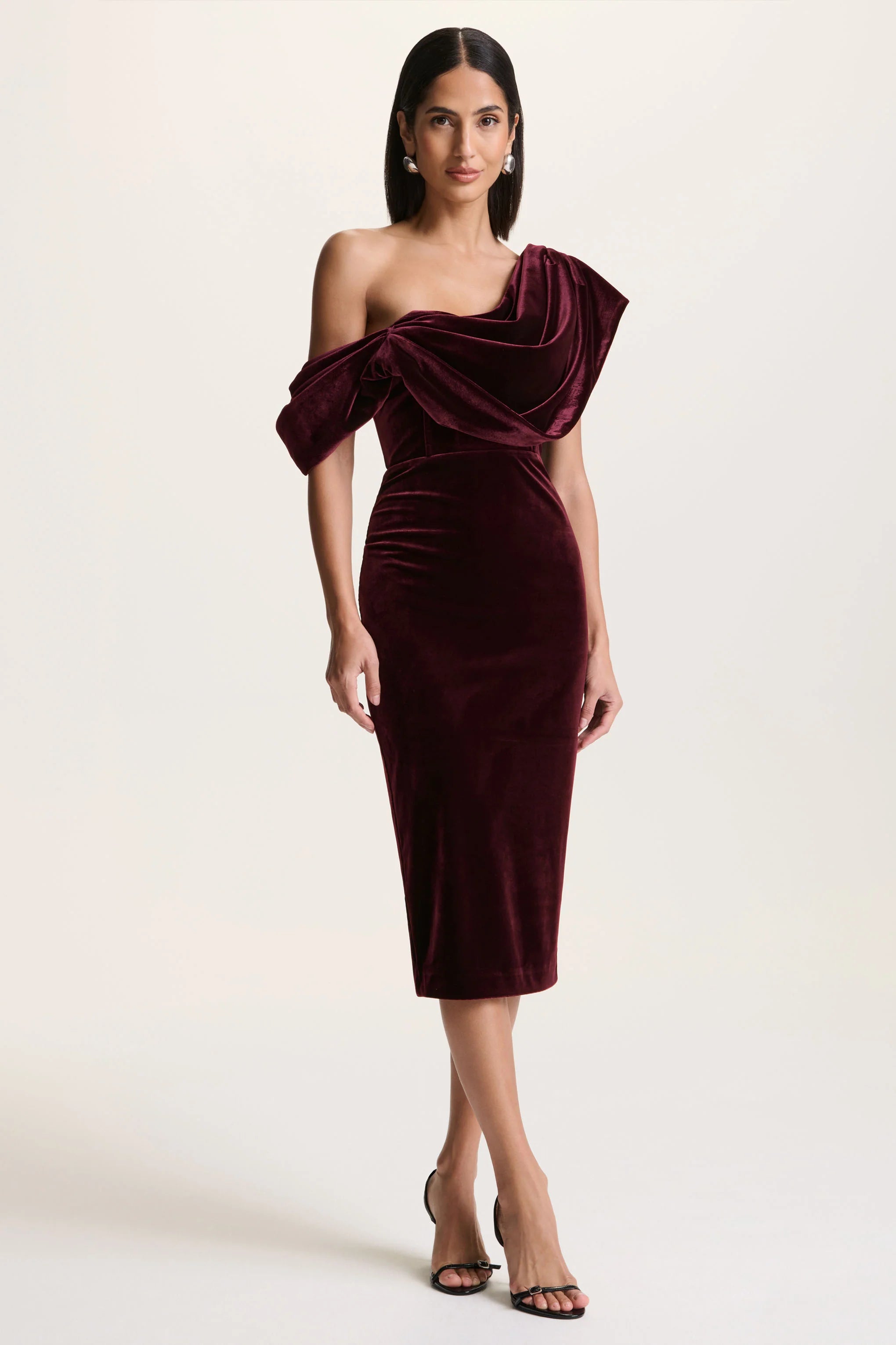 High End | Burgundy Velvet Asymmetric-Neck Midi Dress With Draped Detailing