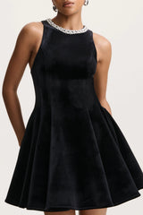 Meva | Black Velvet Hand-Embellished High-Neck Mini Dress