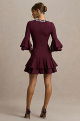 Mirna | Burgundy Crew-Neck Mini Dress With Bell Sleeves And Ruffled Detailing