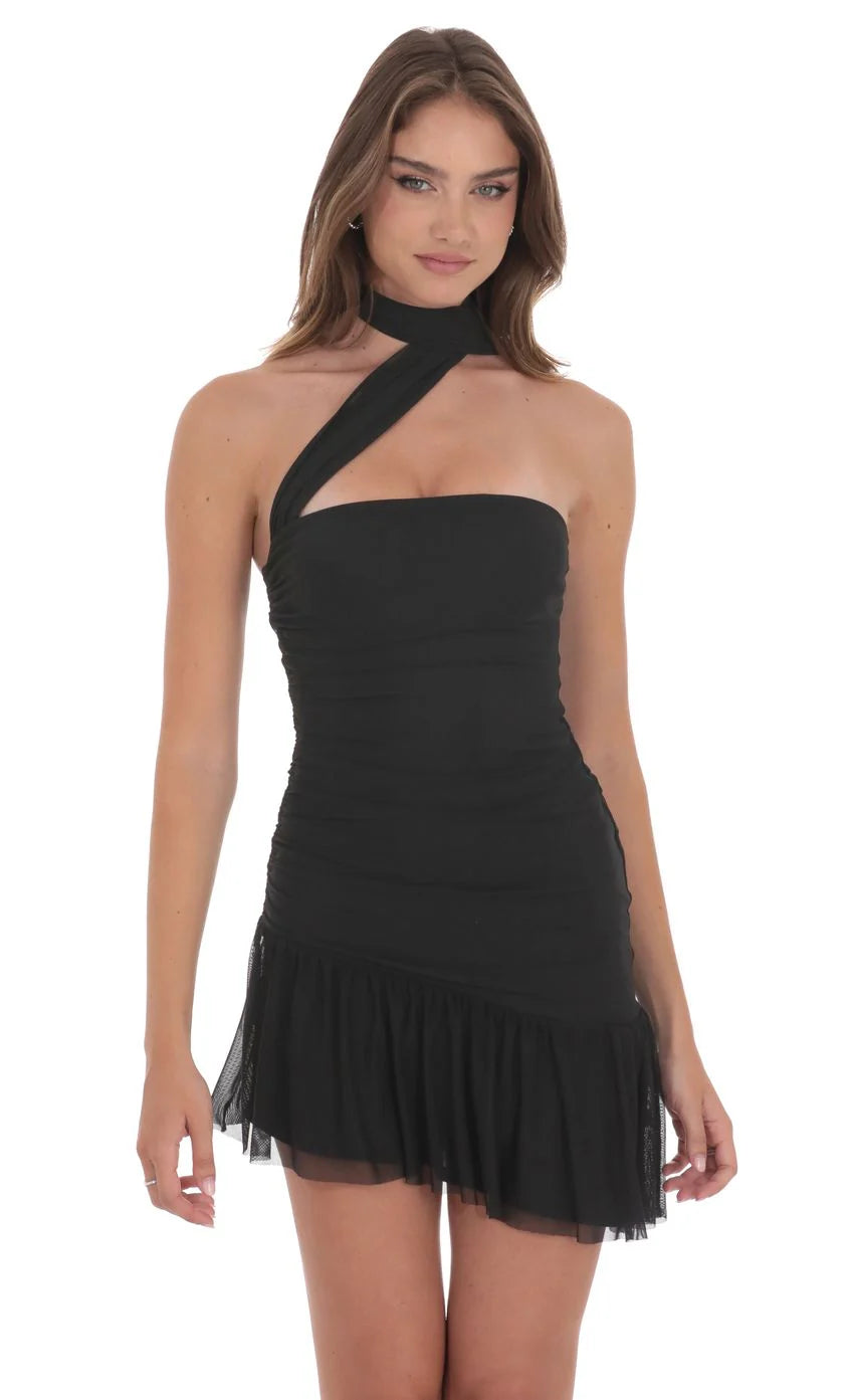 Asymmetrical Mesh Scarf Dress in Black