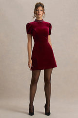 Margot | Burgundy High-Neck Velvet Mini Dress With Embellished Detail