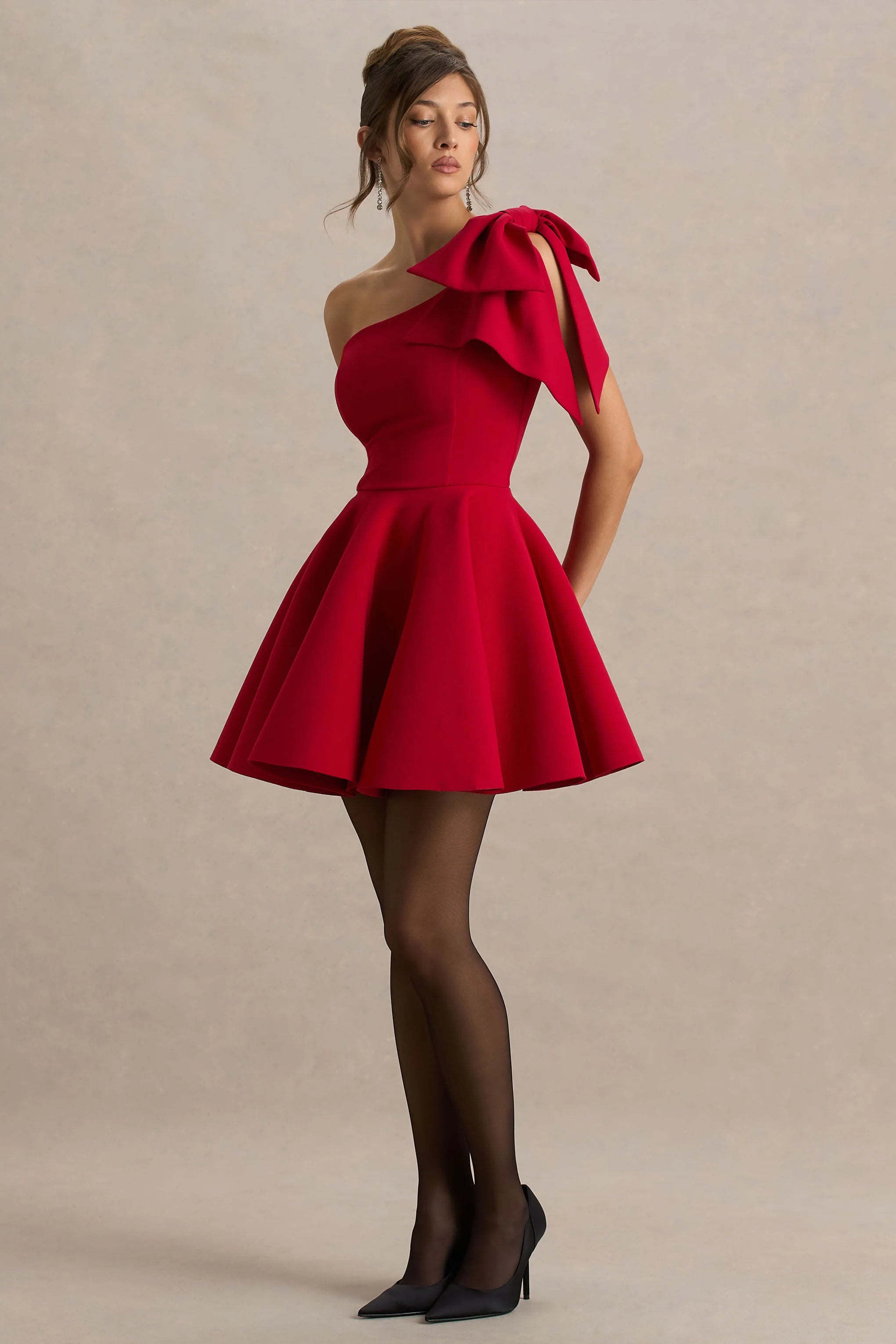 Prosperity | Red Asymmetric-Neck Mini Dress With Bow Detail