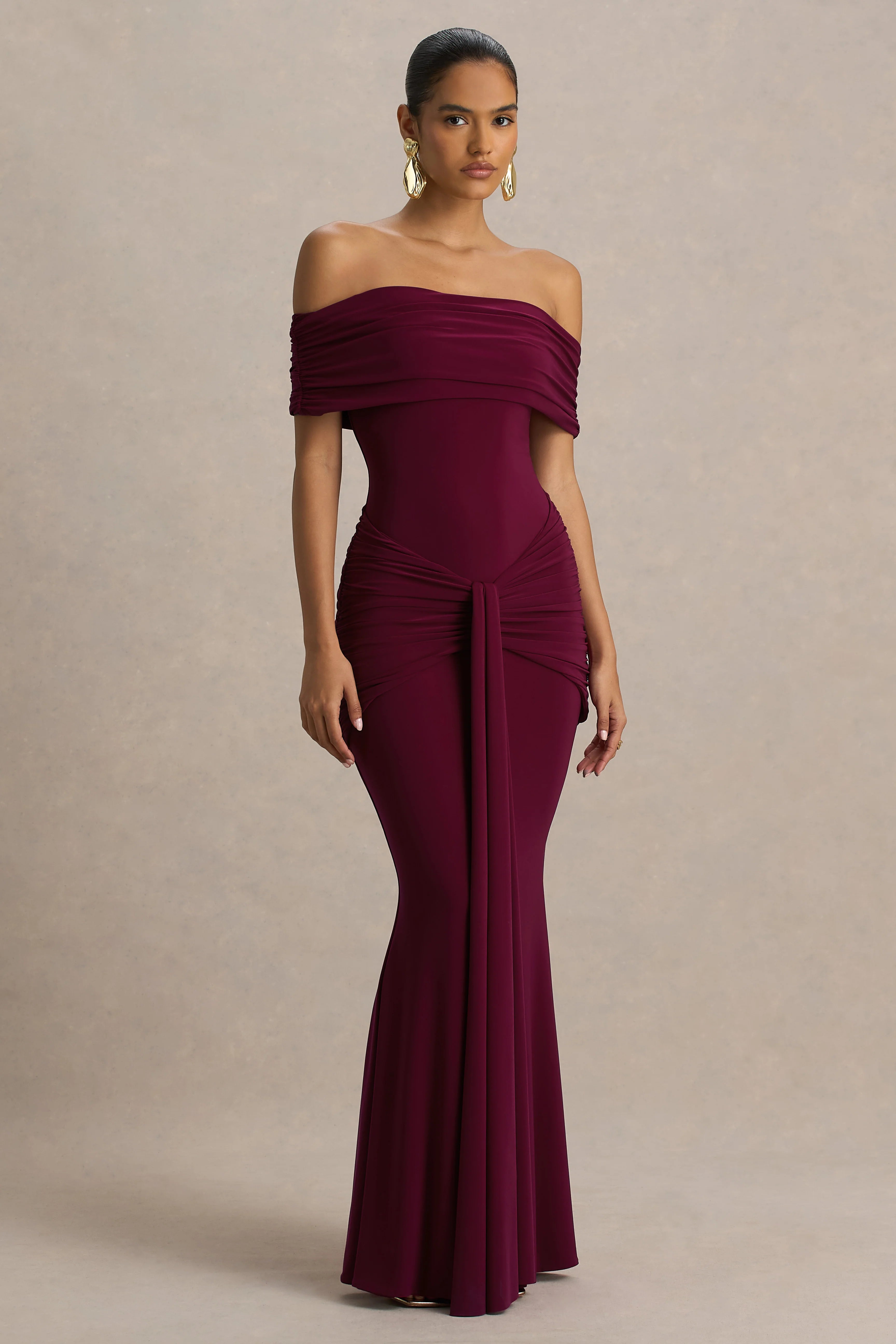 Envisioned | Burgundy Bardot-Neck Maxi Dress With Gathered And Drape Detail