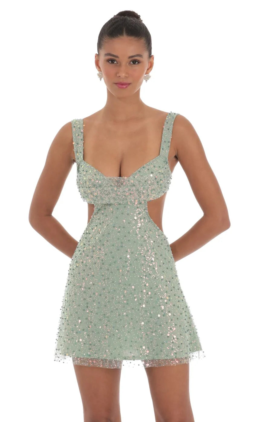 Sequin Pearl Cutout Dress in Green