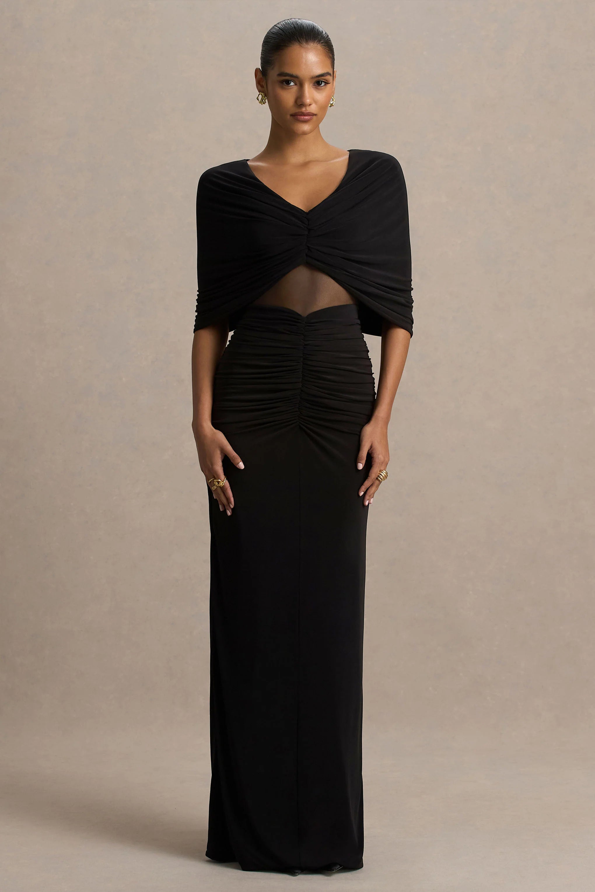 Zinnie | Black Cape-Sleeve Maxi Dress With Mesh Panel