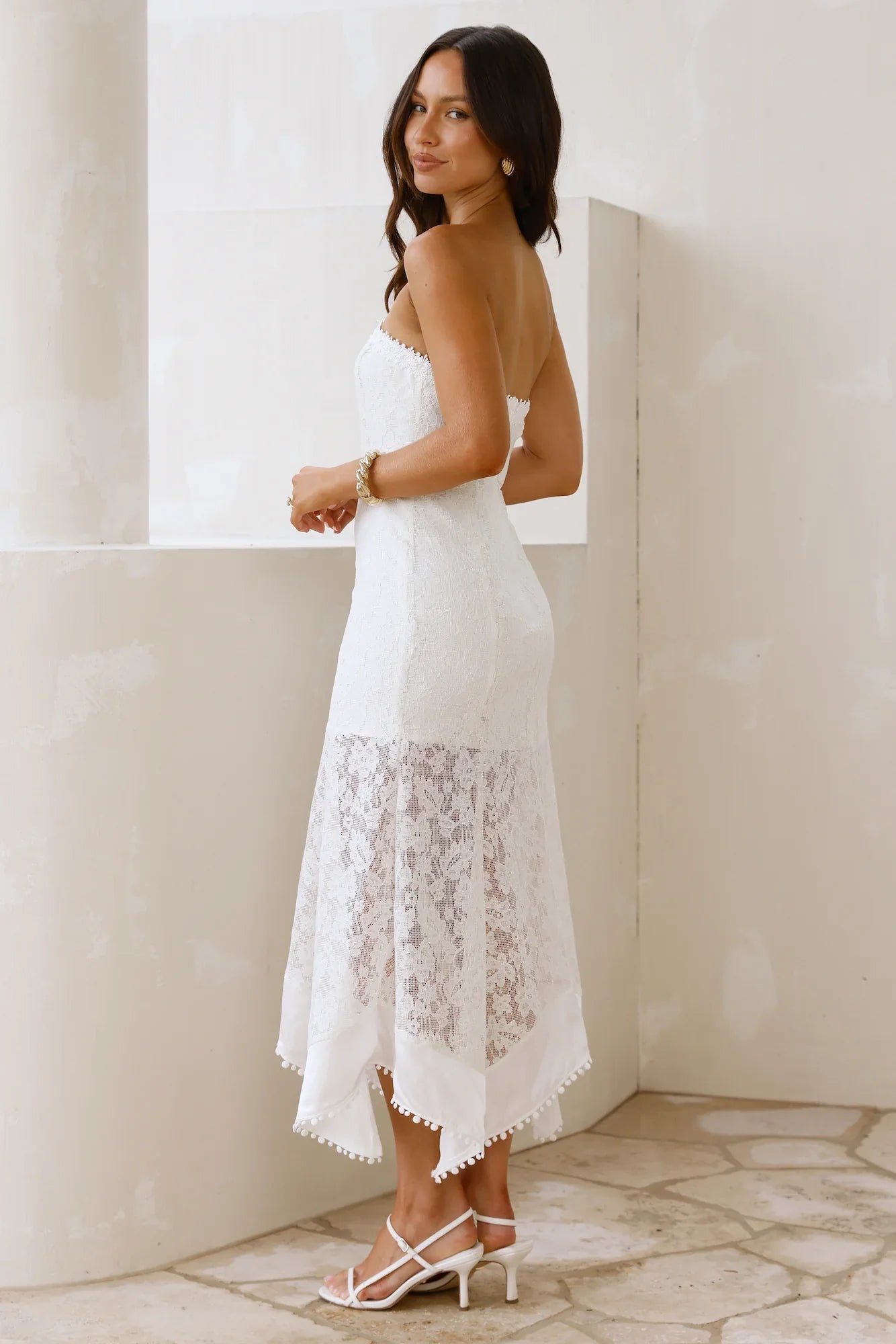 Luxe Petal Lace Strapless Maxi Dress