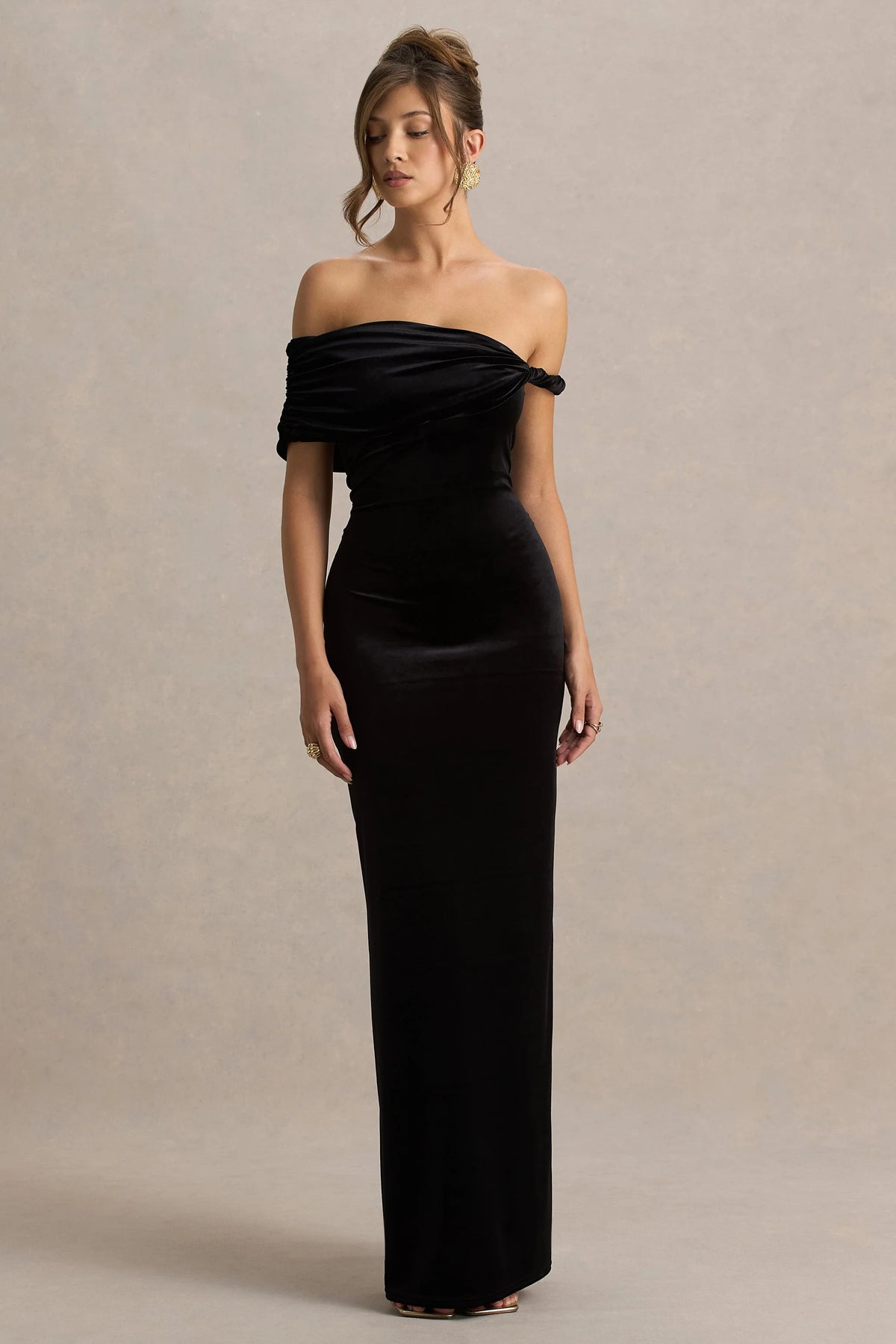 Poised | Black Velvet Bardot-Neck Maxi Dress With Twist-Sleeve