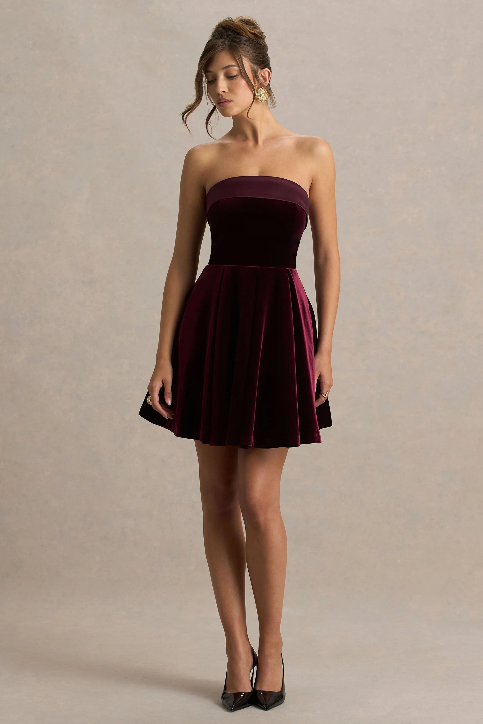 Mina | Burgundy Velvet And Satin Bandeau Skater Mini Dress