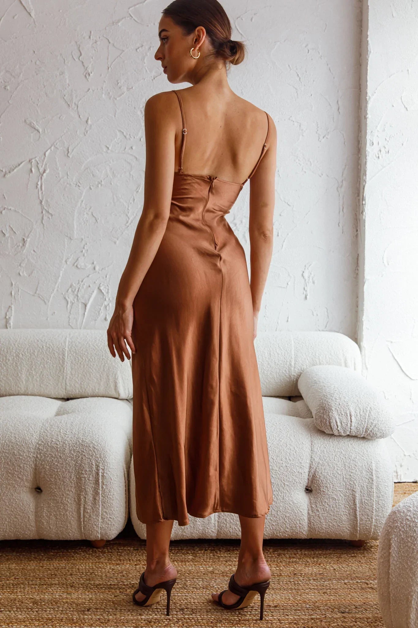 Invite Only Twisted Bust Satin Midi Dress Chocolate
