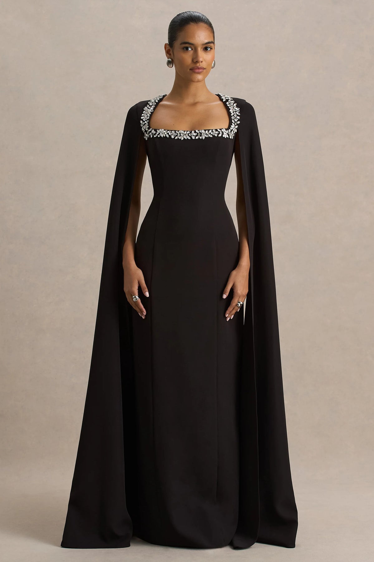 Glossy | Black Woven Square-Neck Maxi Dress With Cape Sleeves and Hand-Embellished Detail