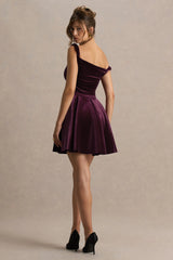 Leticia | Burgundy Velvet Asymmetric-Neck Velvet Mini Dress With Twist-Sleeve