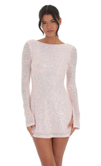 Sequin Long Sleeve Open Back Dress in Pink