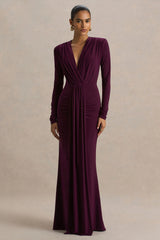 Flashy | Burgundy Plunge-Neck Maxi Dress With Ruched Detailing