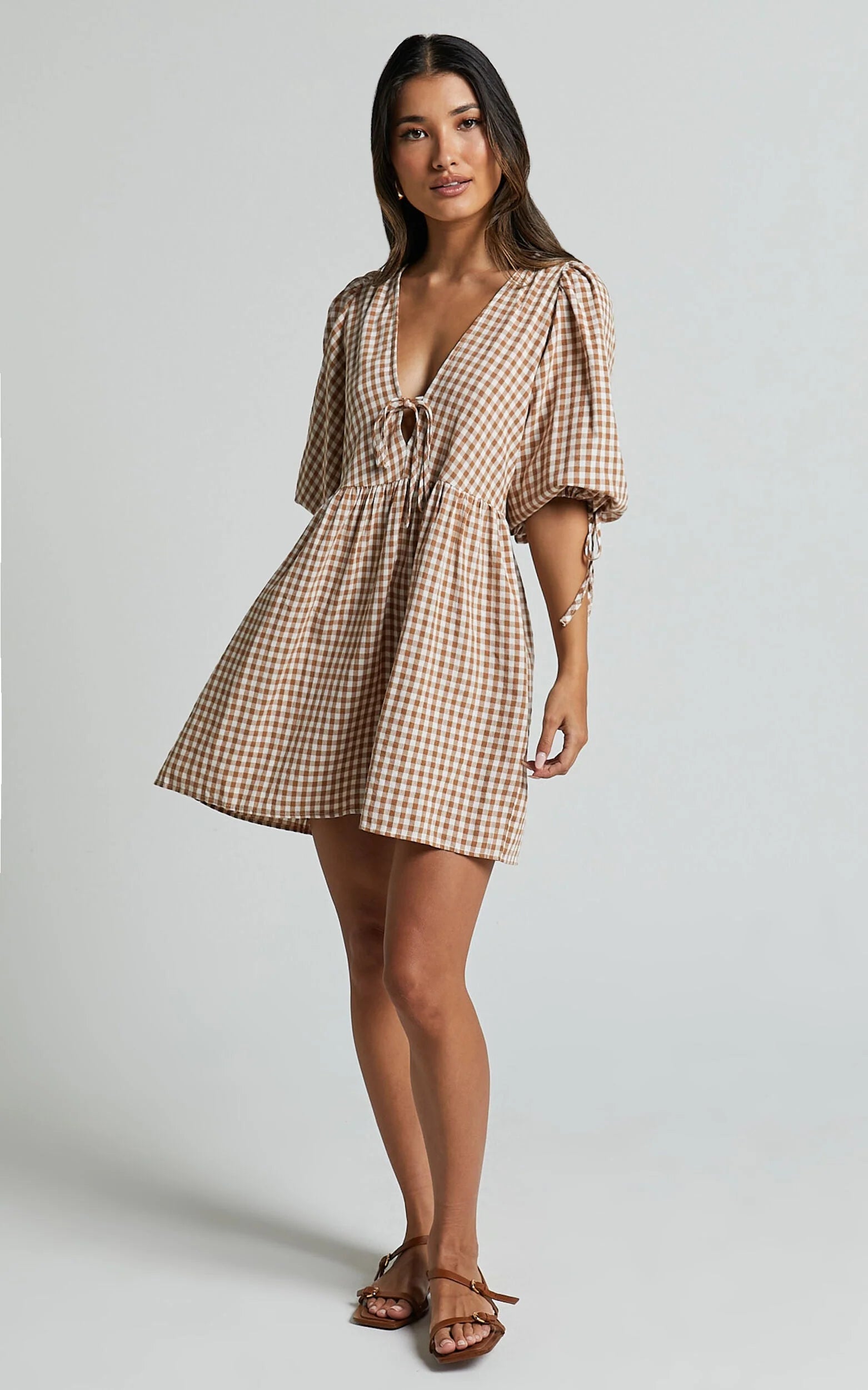 Rosita Mini Dress - Tie Front Puff Sleeve Dress in Caramel & White Gingham