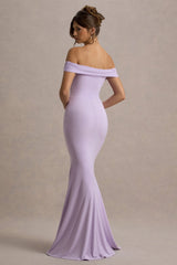 Law of Attraction | Lilac Bardot Draped Split Maxi Dress