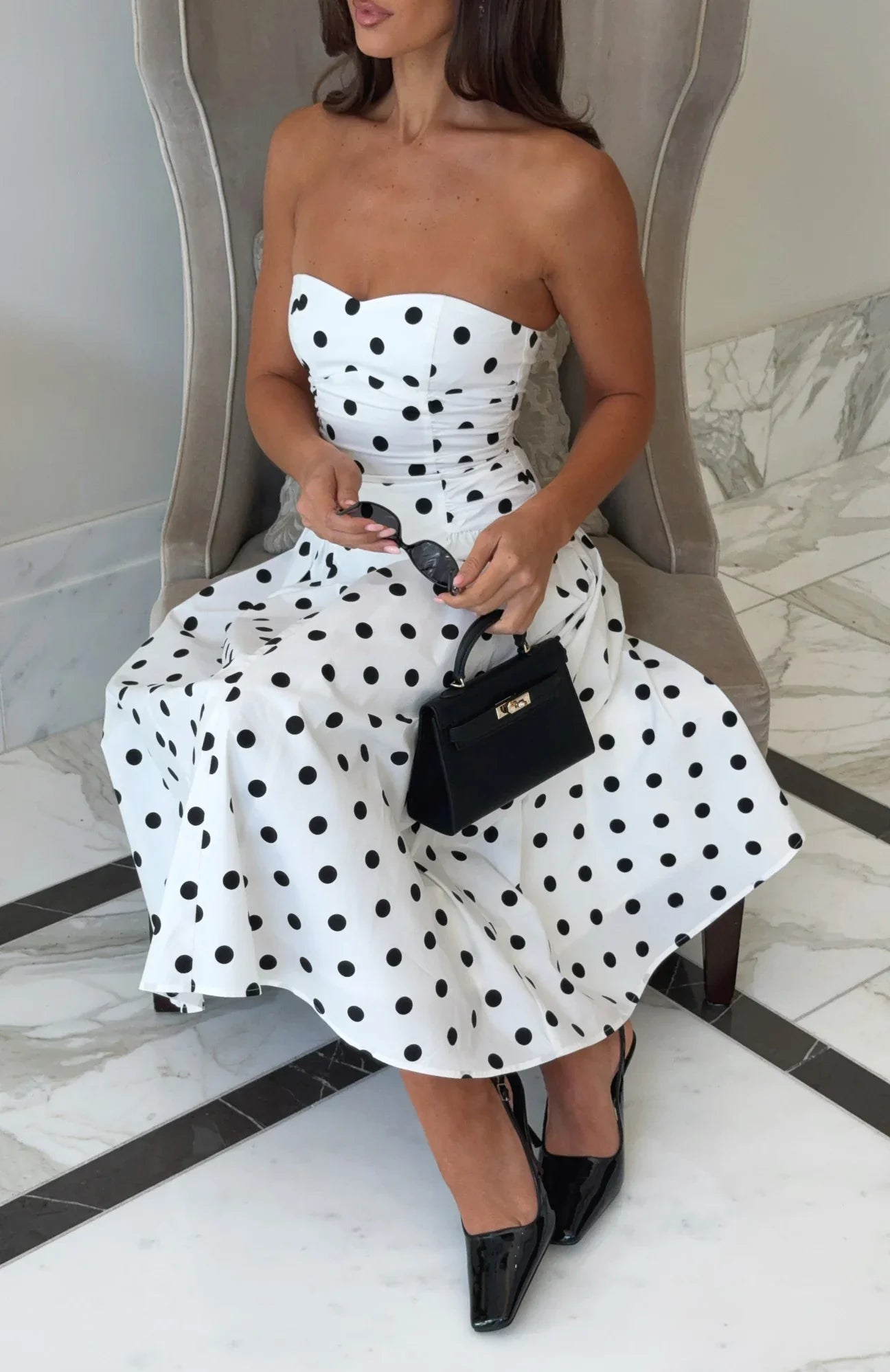Rich In Love Strapless Midi Dress White/Black Polka Dot