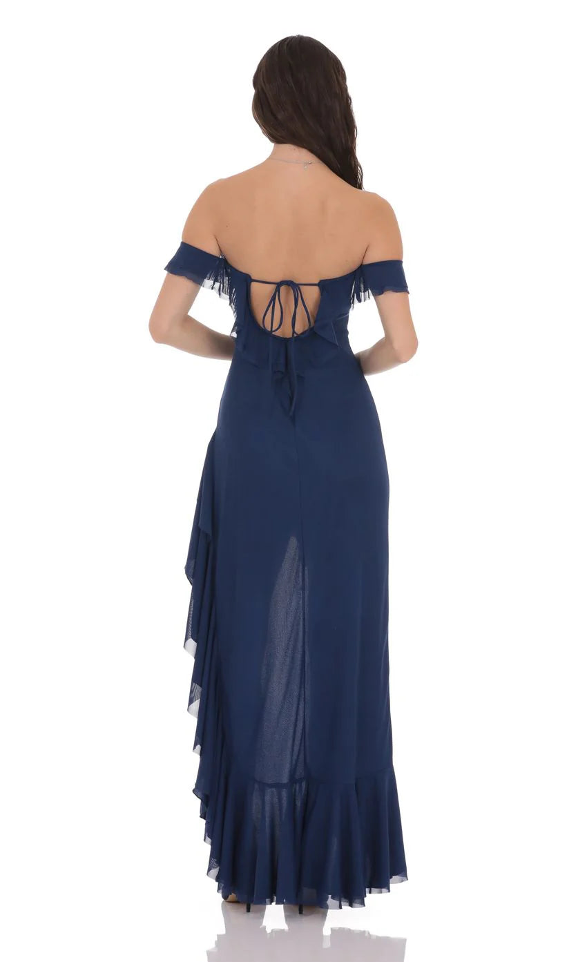 Off Shoulder Ruffle Maxi Dress in Blue