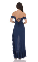 Off Shoulder Ruffle Maxi Dress in Blue