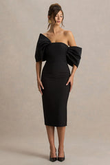 Lucille | Black Asymmetric Bardot Midi Dress With Bow Detail