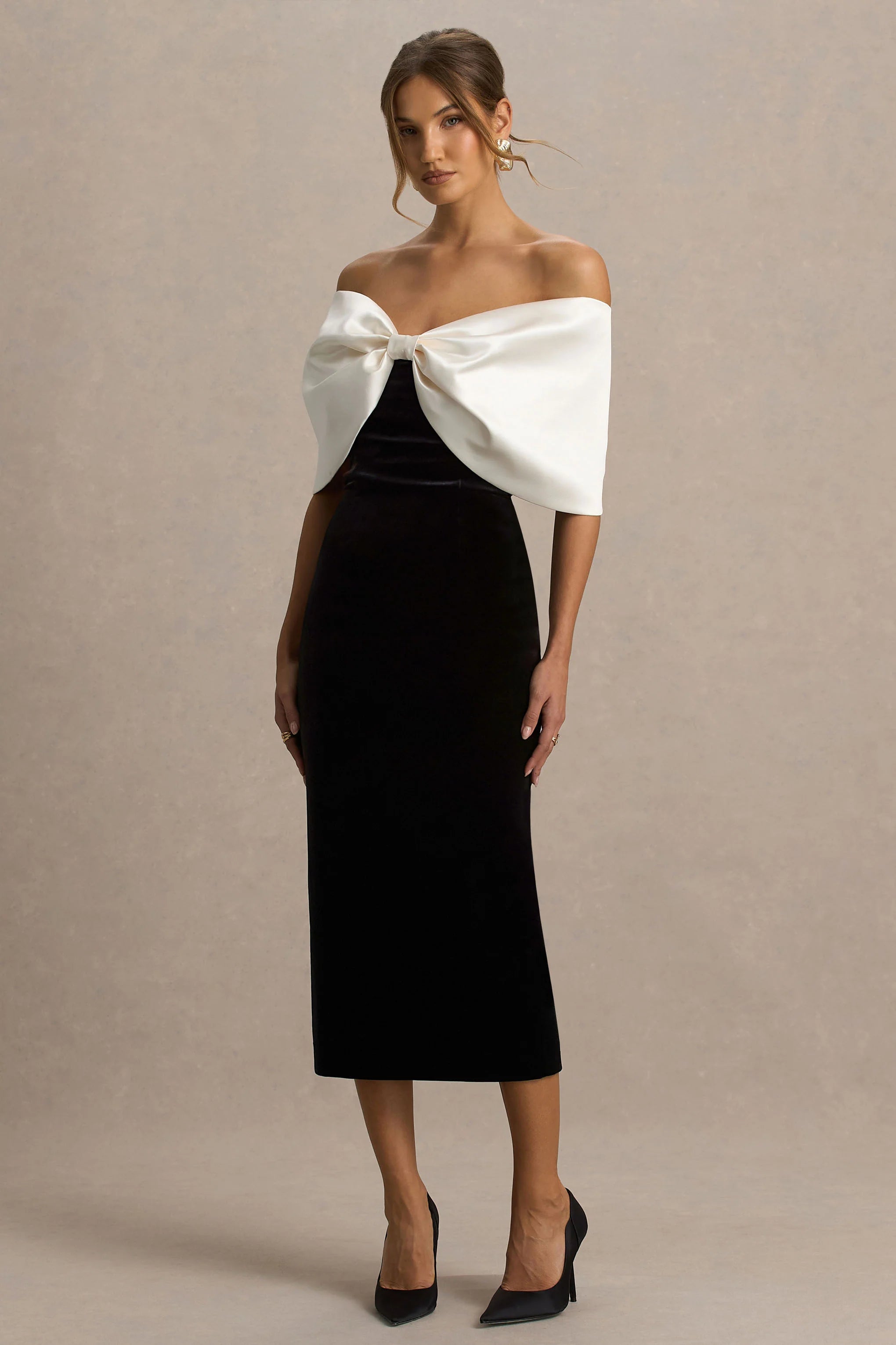 Twilight | Black And White Velvet Bardot-Neck Midi Dress With Oversized Satin Bow