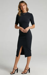 Tall Tales Midi Dress - Bodycon Centre Split Dress in Black