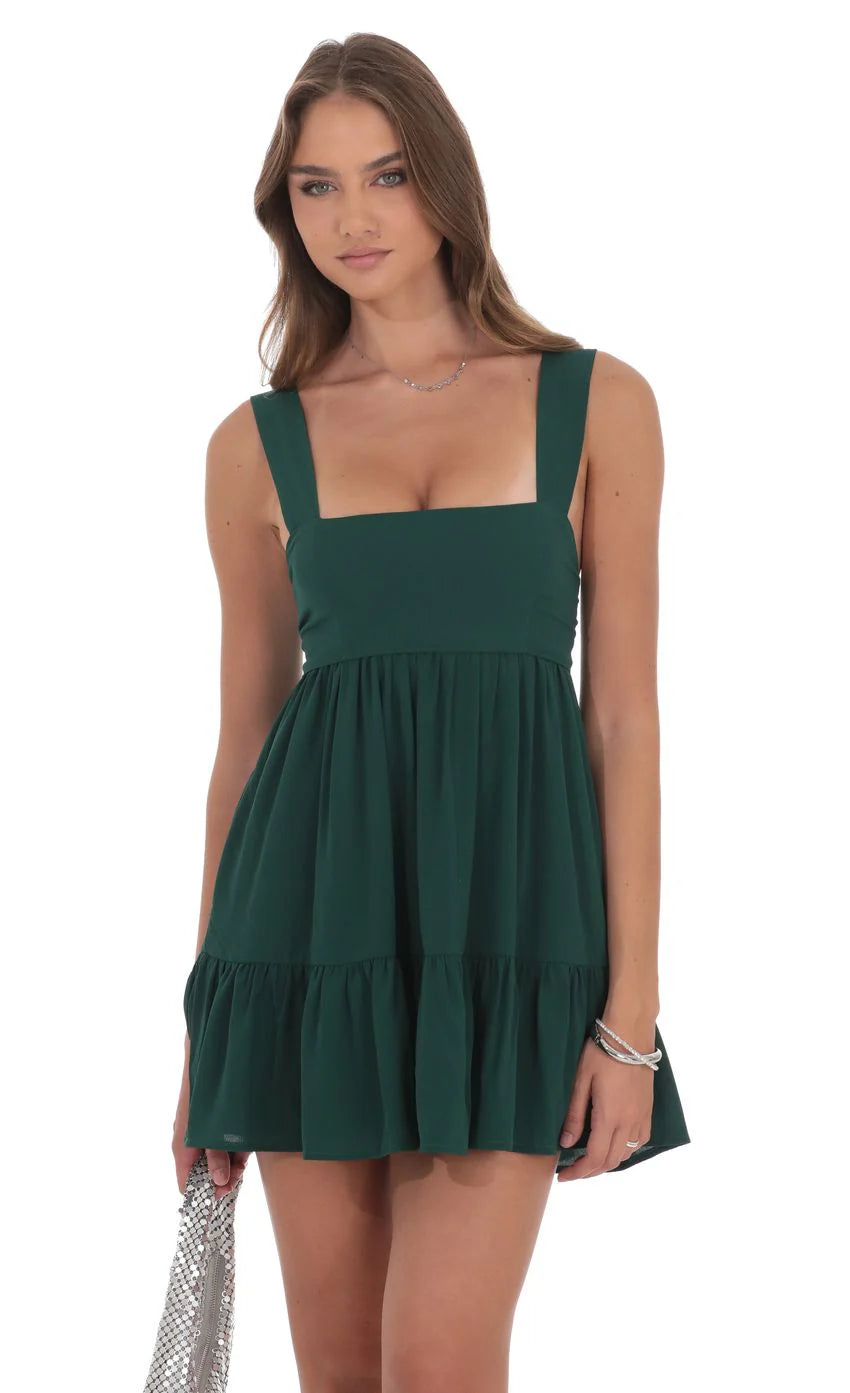Square Neckline Babydoll Dress in Forest Green