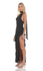 Mesh Halter Scarf Maxi Dress in Black