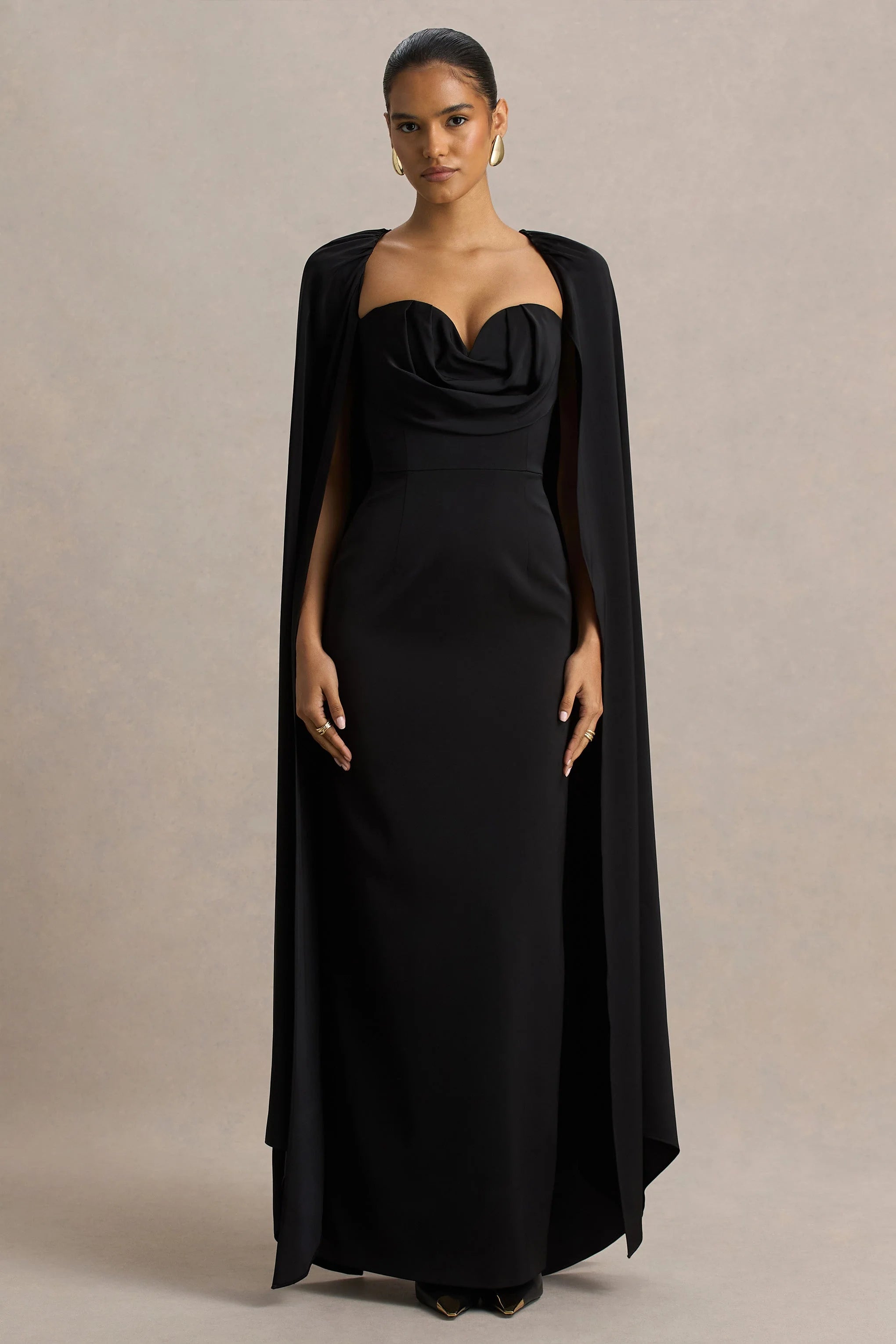 Wren | Black Satin Sweetheart-Neck Maxi Dress With Cape Sleeves