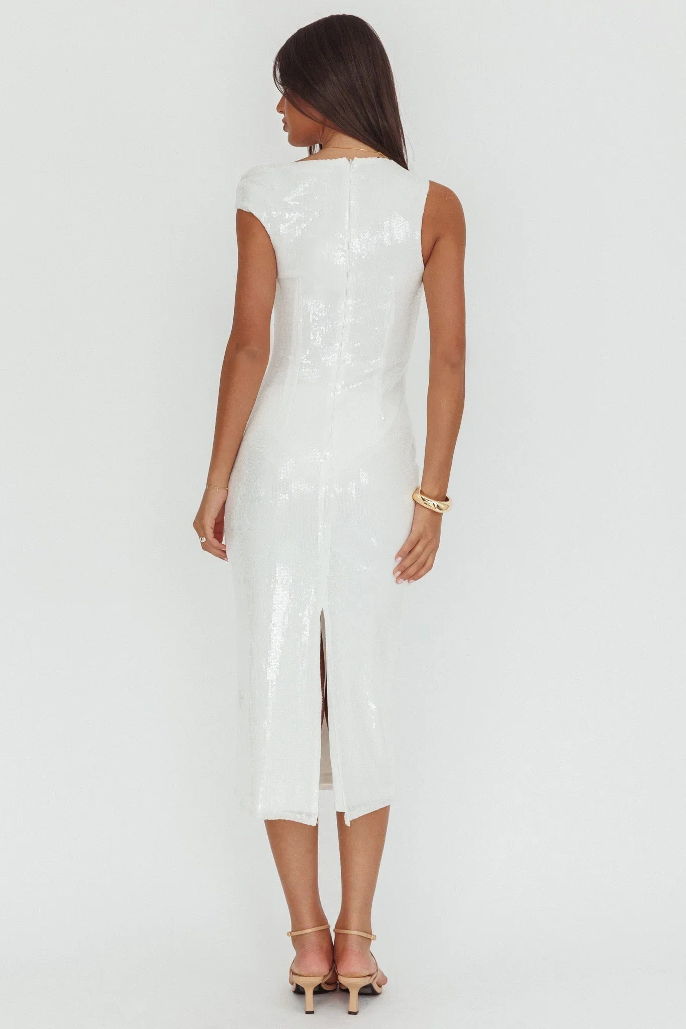 Country Club Asymmetric Neckline Midi Dress Sequin White