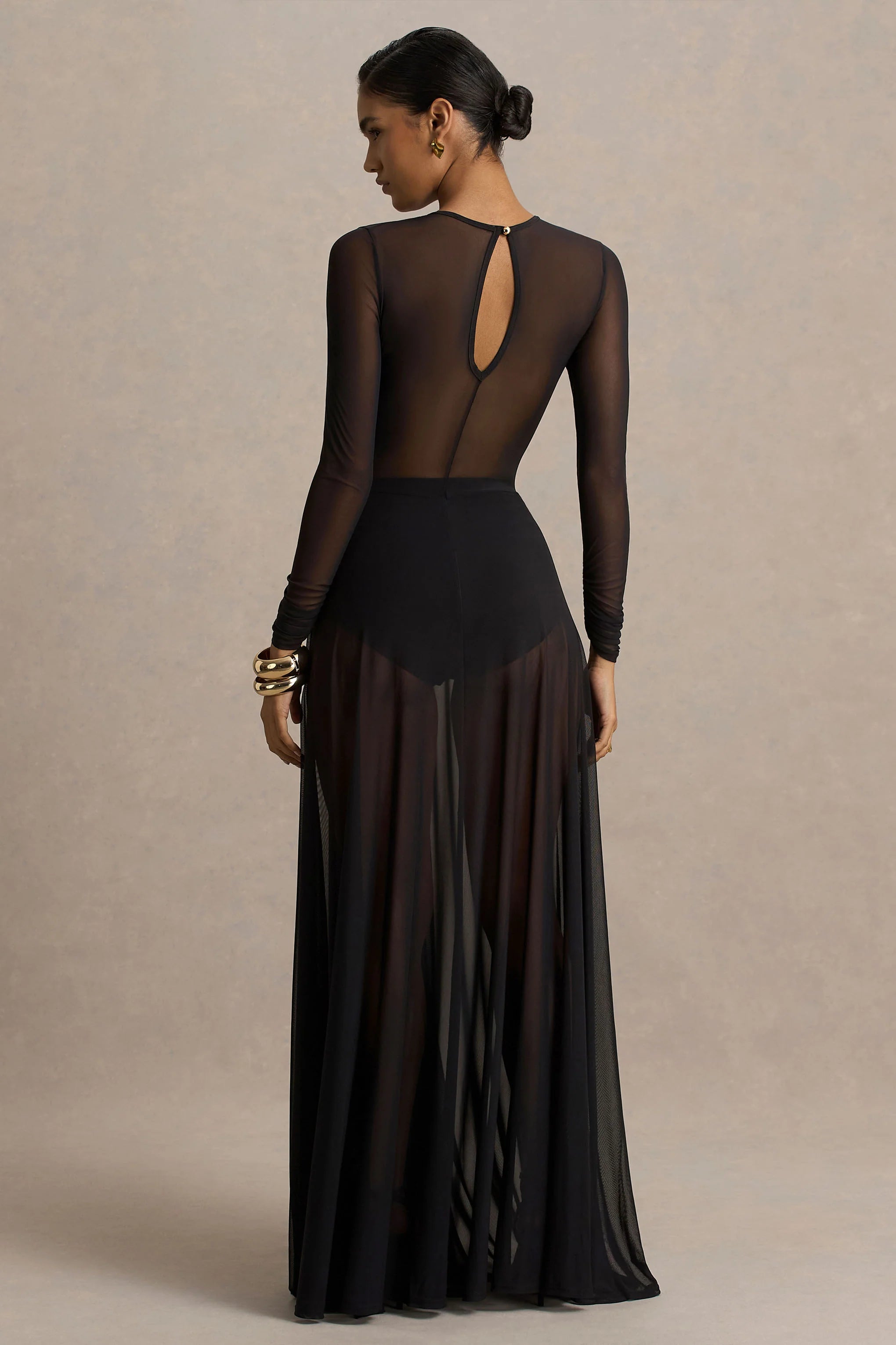 Koami | Black Mesh Long-Sleeve Ruched Maxi Dress With High Split