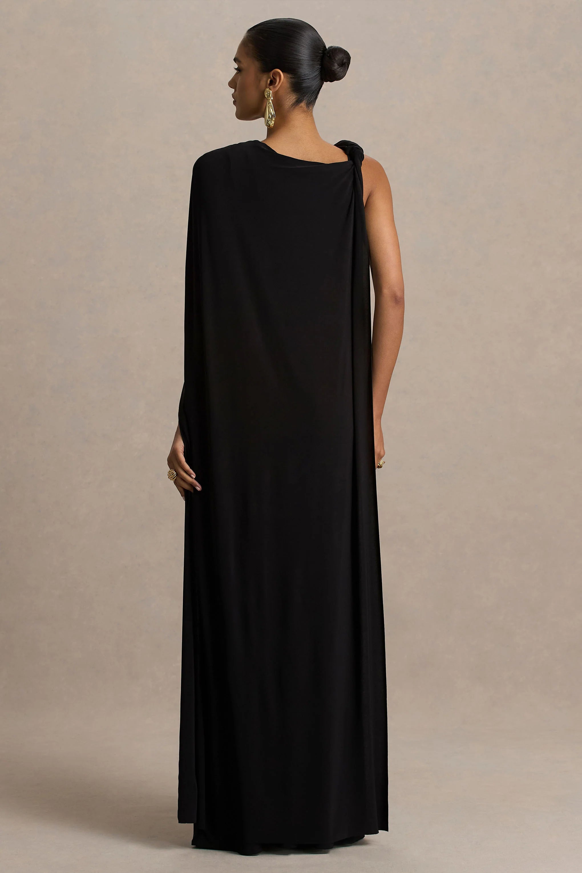 Cressida | Black Asymmetric-Neck Maxi Dress With Cape And Gold Detail