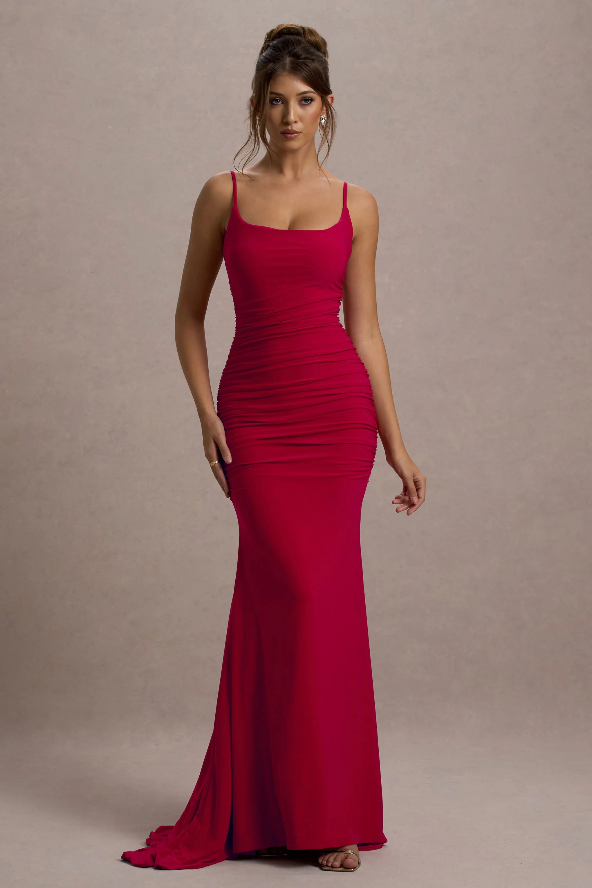 Adele | Red Ruched Fishtail Cami Maxi Dress