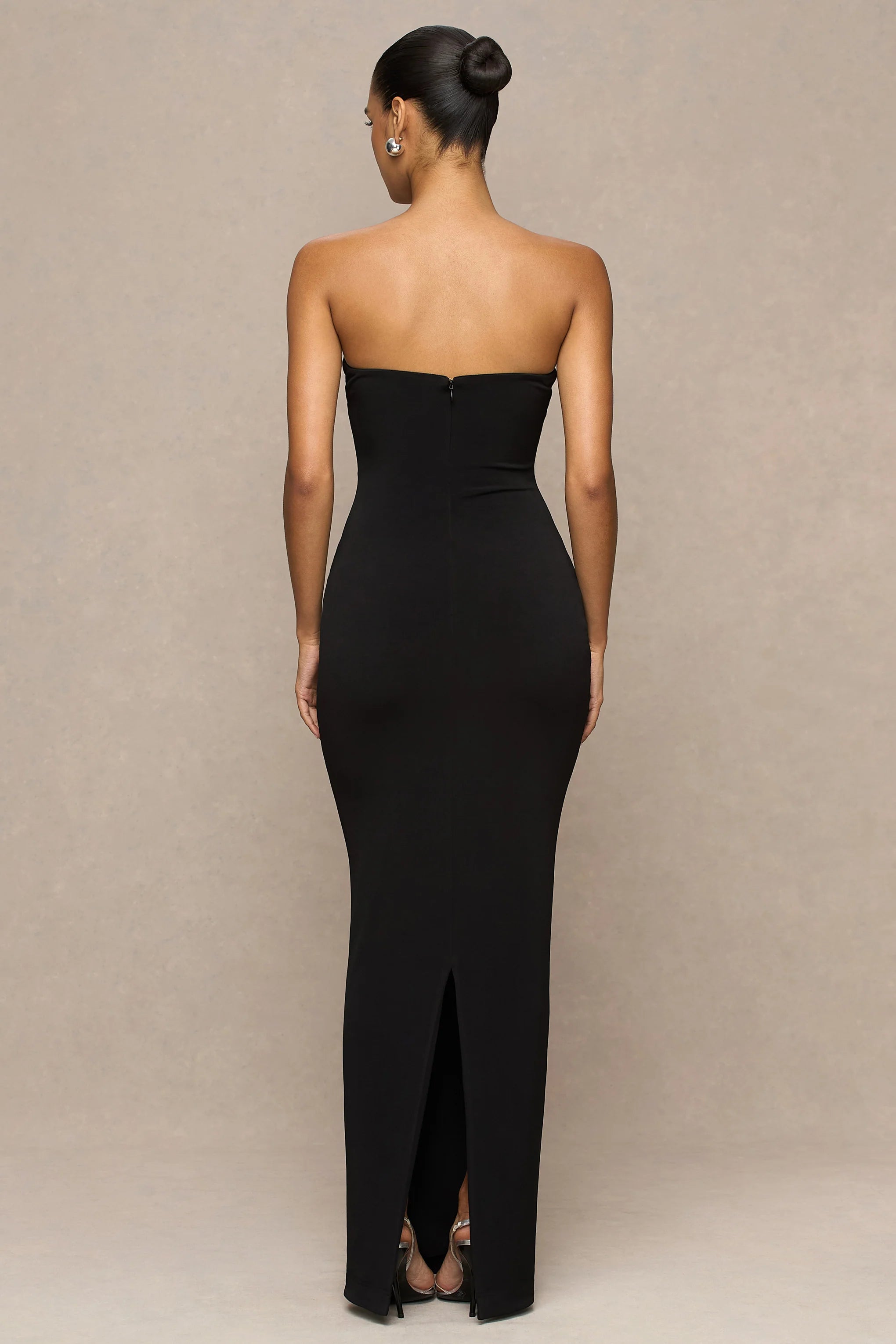 Milania | Black Asymmetric-Neck Maxi Dress With Twist-Sleeve