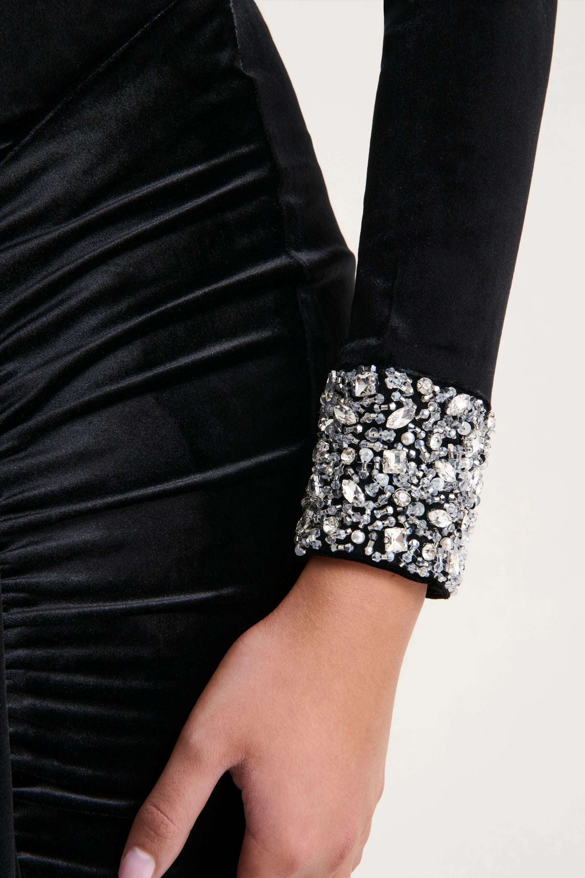 Perrin | Black Velvet Crew-Neck Maxi Dress With Embellished Cuffs