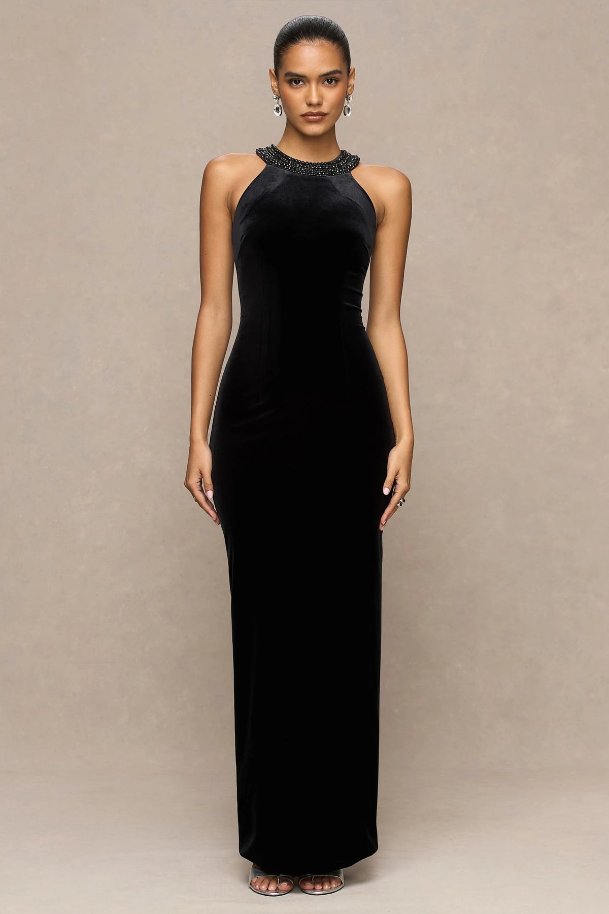 Darya | Black Velvet Embellished High-Neck Maxi Dress