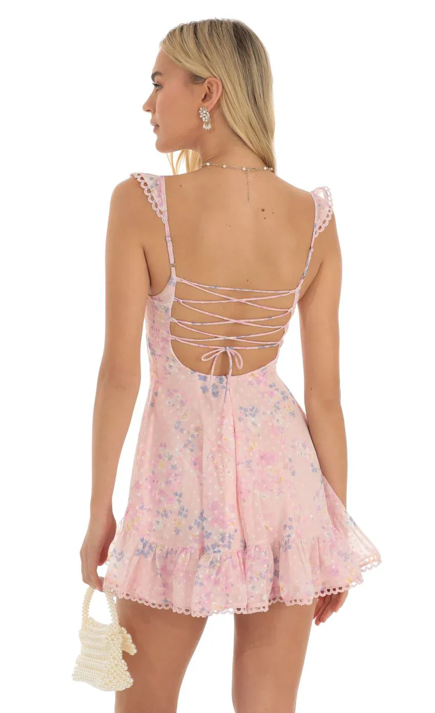 Floral Dotted A-Line Dress in Pink
