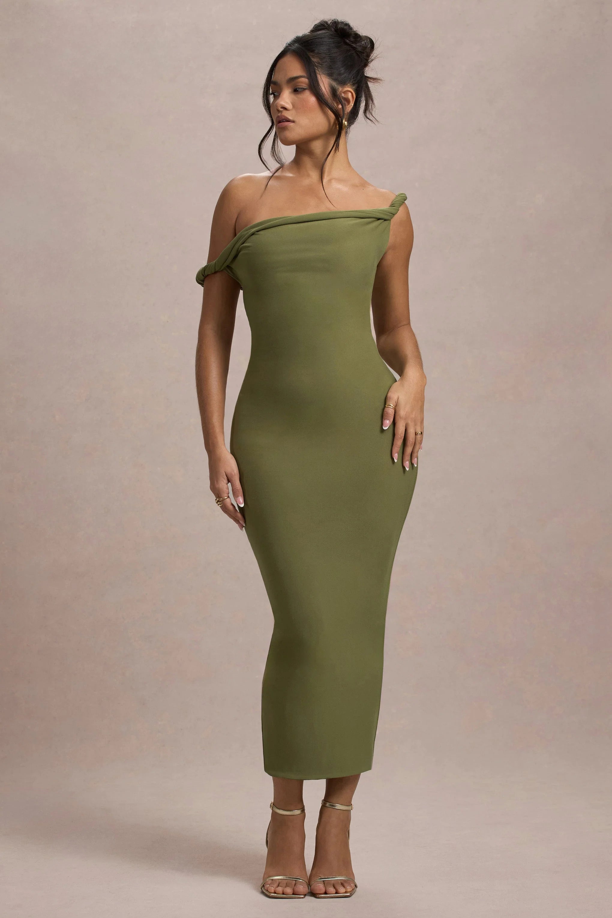 Salome | Olive Twisted Asymmetric Midi Dress