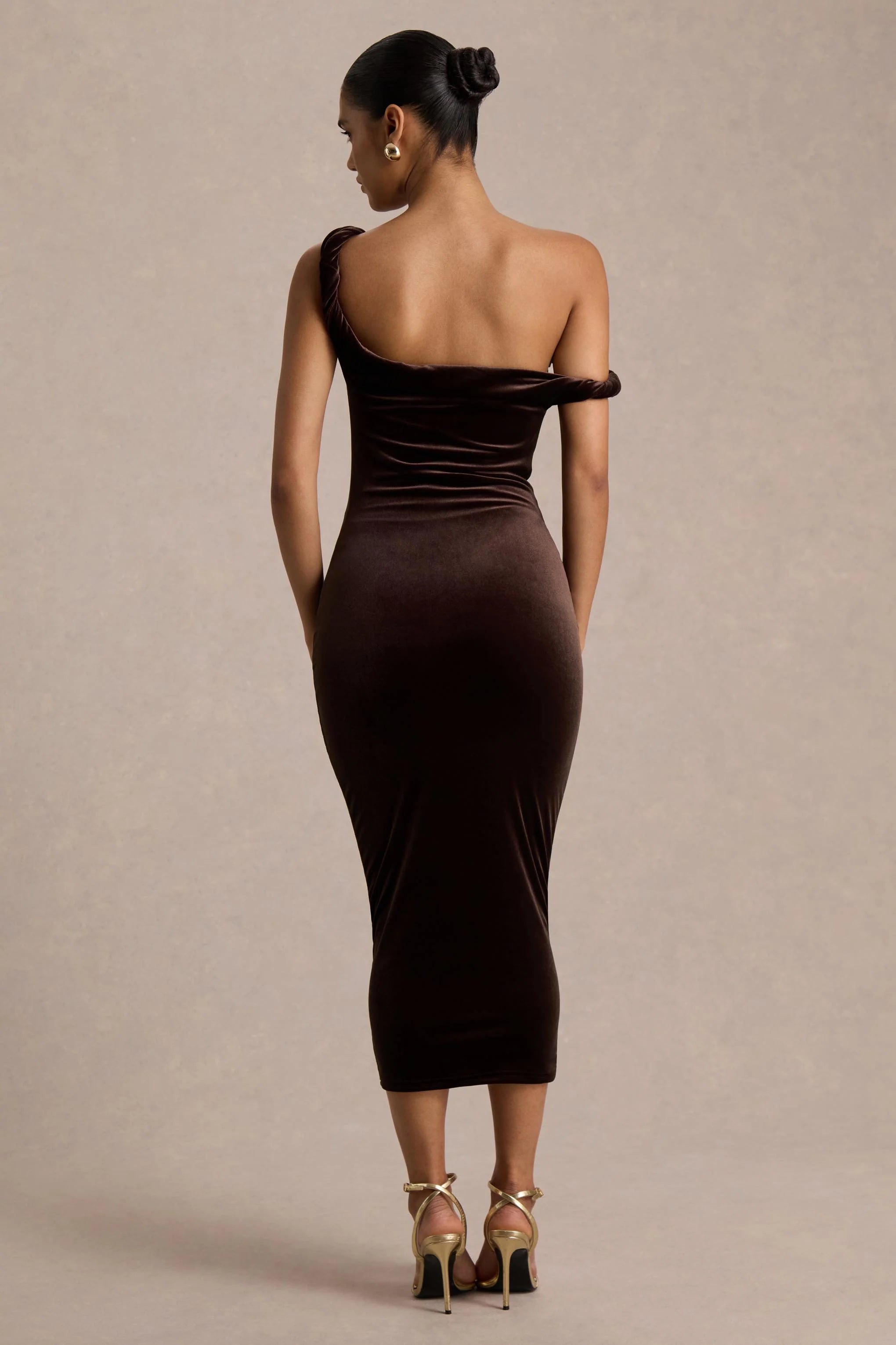 Carella | Brown Velvet Twisted Asymmetric Midi Dress