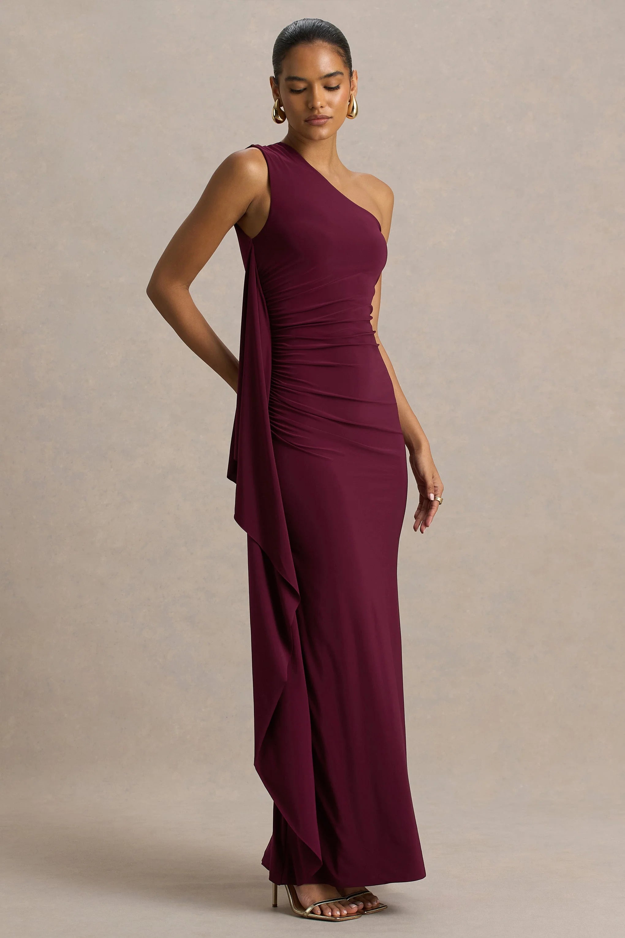 Adelina | Burgundy One-Shoulder Maxi Dress With Drape