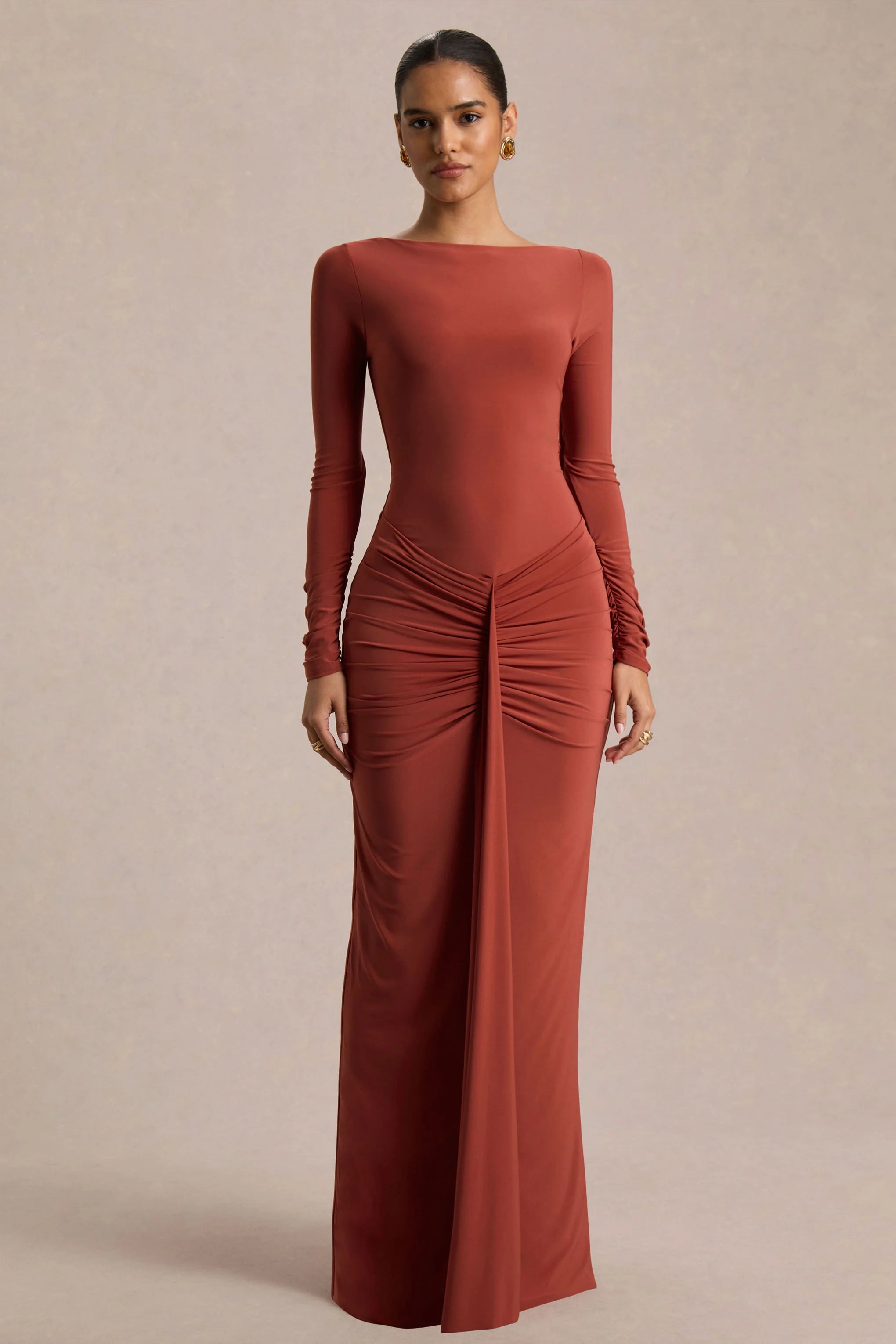 Matilda | Rust Boat-Neck Maxi Dress With Ruched Detailing