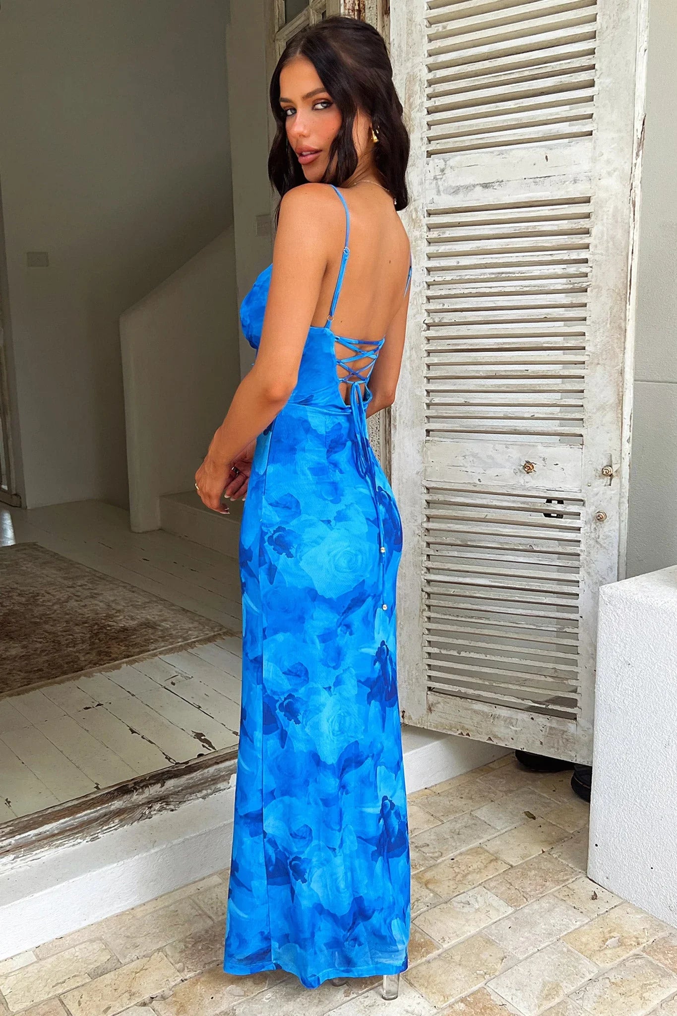 Nadine Lace-Up Back Maxi Dress - Blue Floral